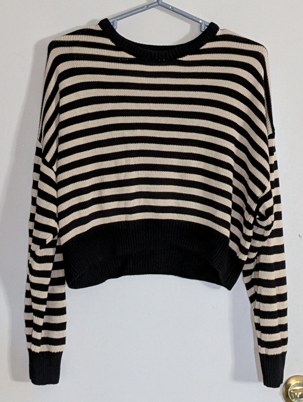 VS PINK Black Cream Striped Crop Knit Pullover Sweater - Offers Welcome!